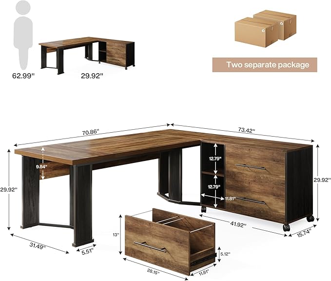 Tribesigns 70.86 Executive Desk with Mobile File Cabinet Large L Shaped Computer Office Desk with 2 Drawers and Storage Shelves Business Furniture Desk Workstation for Home Office (Rustic Brown)