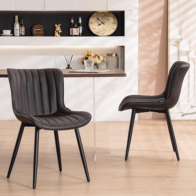YOUNUOKE Dining Chairs Set of 2 Upholstered Mid Century Modern Kitchen Chair Comfortable Armless Faux Leather Accent Chair with Metal Legs for Guest Waiting Reception Living Room Dark Brown