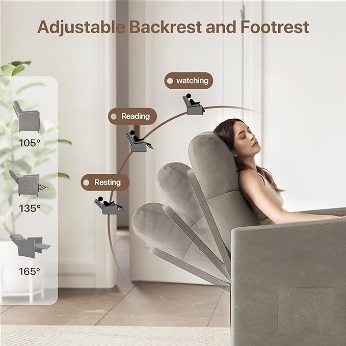 Claiks Power Recliner Chair for Adults Adjustable Reclining Chair Comfortable Recliner Couch with Side Pockets&ampWire Remote Control for Living Room Home Theater Bedroom Linen Fabric Light Gr