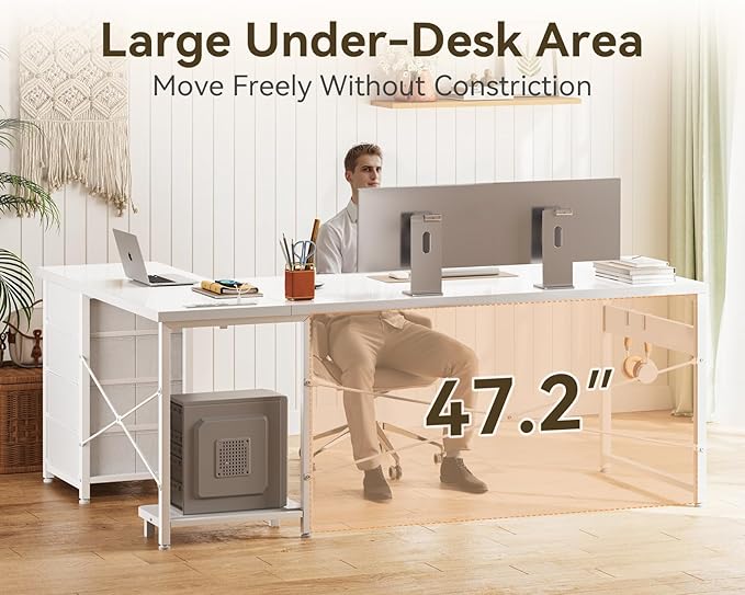 ODK 61'' L Shaped Desk with 4 Drawers Reversible Corner Desk with Storage Gaming Table with Power Outlets USB Ports PC Case Shelf Computer Desk for Home Office Study Easy Assembly White