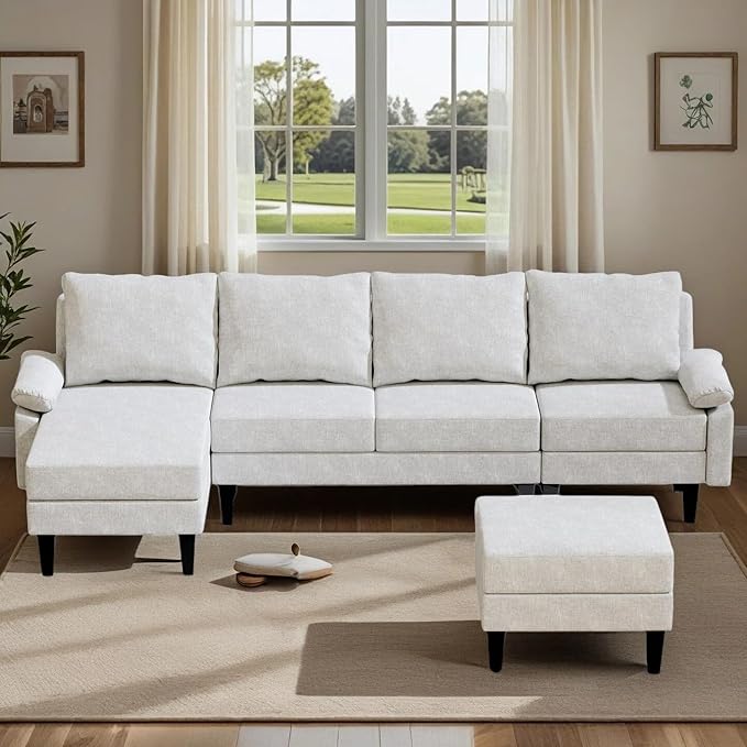 4-Seat U-Shaped Modular Sofa with Double Storage Ottoman - Space-Saving Convertible Lounge Couch for Home &amp Office White