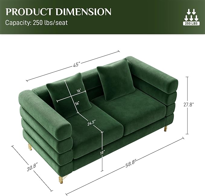 OUYESSIR Cloud Sofa Couch for Living Room 59 Comfy Deep Seat Velvet Loveseat Sofa with 2 Pillows and Gold Legs Modern Upholstered 2 Seater Love Seat for Bedroom Office Emerald Green Velvet