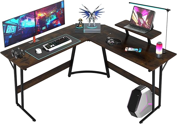 L Shaped Gaming Desk Modern Computer Desk Home Office Desks with Large Monitor Riser Stand Sturdy PC Desk for Bedroom Minimalist Brown 50Inch