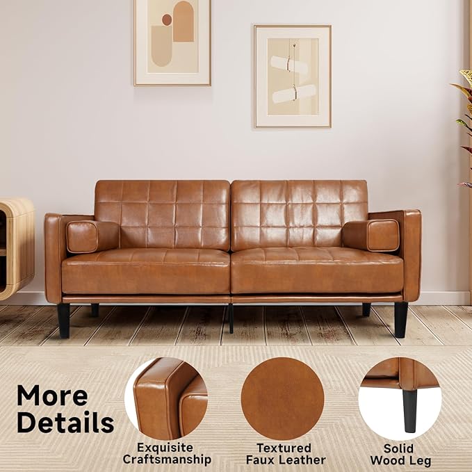 70” Mid-Century Modern Couch Breathable Faux Leather Couch with Upholstered Cushions/Pillows Loveseat Sofas &amp Couches for Living Room (Yellow)