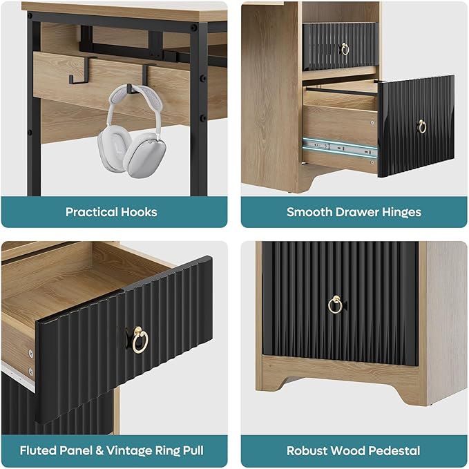 Bestier 55 Inch Computer Desk with Keyboard Tray Modern Office Desk with Storage Wood Writing Desk with File Drawer Fluted Panel &amp 2 Hooks for Home Office &amp Studio Natural Oak