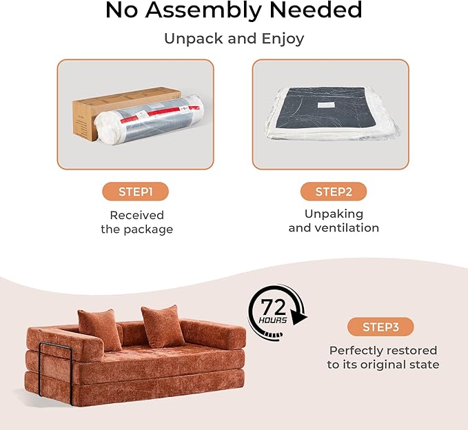 WELAX 77 Convertible Sleeper Sofa Bed Boneless Cloud Queen Futon Couches with 2 Pillows &amp Removable Armrests Chenille Folding Floor Couch No Assembly for Bedroom Living Room Orange