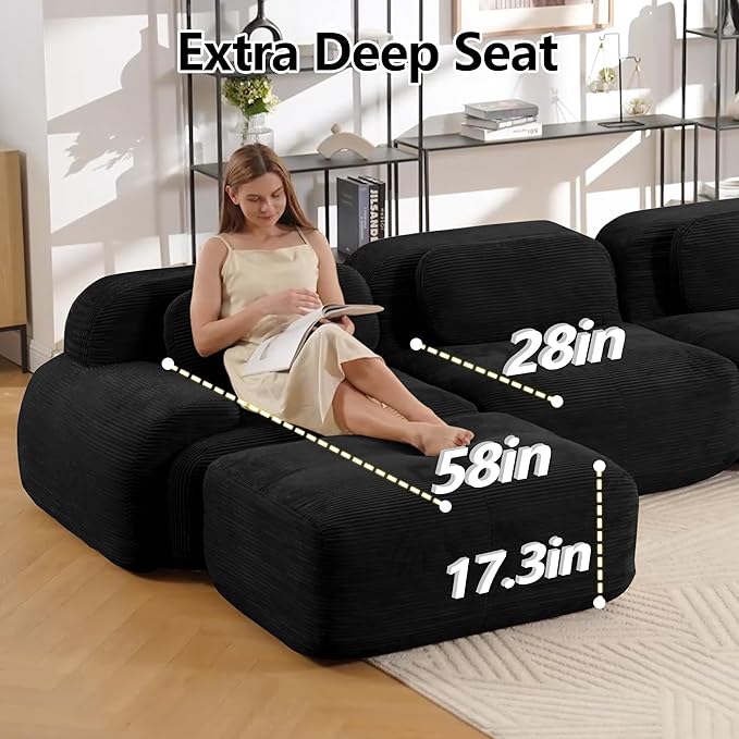 Boneless Sectional Couch No Assembly Required 81.8” L Shaped Modular Cloud Sofa with Pillow and Ottoman Deep Seat Corduroy Couch for Living Room Bedroom Office Apartment