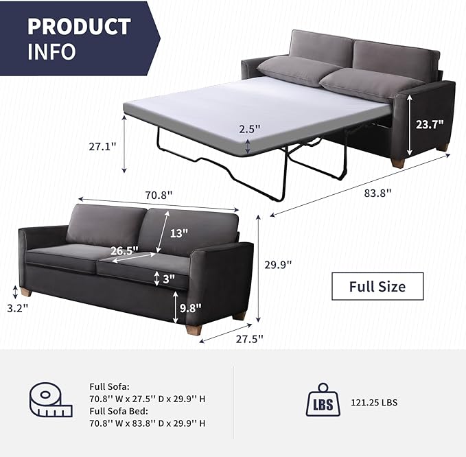 70 Full Size Pull Out Sofa Bed 2 in 1 Sleeper Sofa Couch Bed Velvet Modern Convertible Guest Loveseat Sofa Couch Beds Mattress Cushions Pillow Include for Home Apartment Office Dark Grey