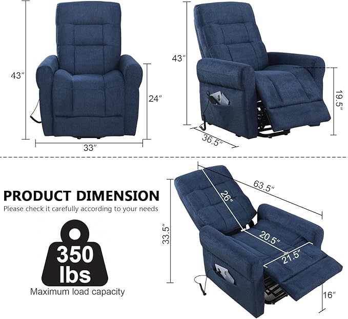 Power Lift Recliner Chair Electric Power Lift Recliner Chair for Elderly Single Seat Chenille Reclining Sofa with Side Pocket for Bedroom Living Room Office (Blue)