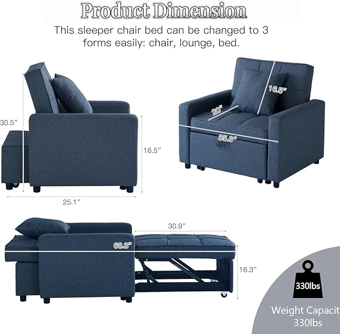 3-in-1 Convertible Sleeper Chair Pullout Chair with Extra Pillow Recliner Sofa Bed with 4 Adjustable Angles Convertible Lazy Sofa Bed for Small Spaces Home Office Blue