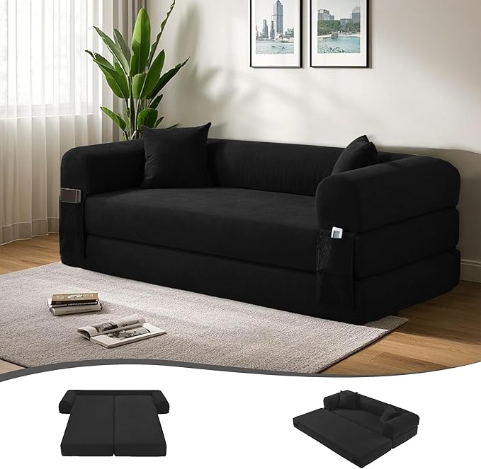 80 Convertible Sofa Bed 3-in-1 Corduroy Folding Pull Out Couch with Pillows No Assembly Modern Boneless Couch Compression Sofa in Box Floor Sofa with Side Storage for Living RoomBlack