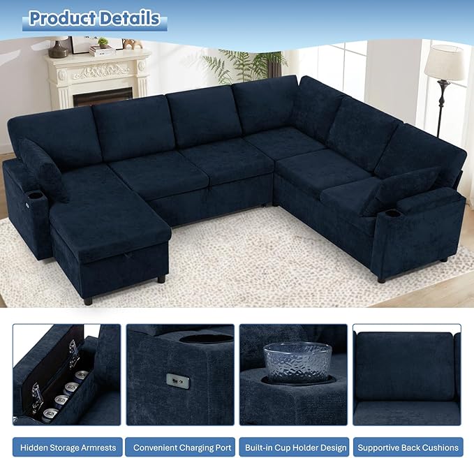 110” Chenille Reversible Sectional Sofa w/Pull Out Bed &amp Storage Chaise U Shaped Couch w/Storage Armrests &amp Cup HoldersCorner Sofa w/USB Charging Port &amp Throw Pillow for Living Room Blu