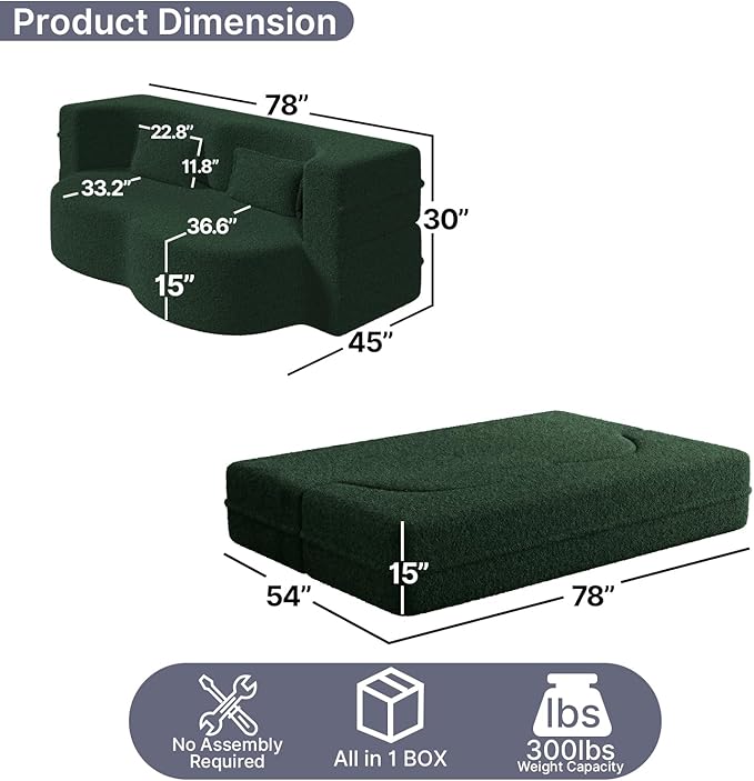 78 Inch Couch Queen Sleeper Loveseat Cloud Sofa Bed Convertible Folding Teddy Full Size Boneless Sofabed for Living Room Guestroom Lazy Lounge Floor Fold Out Sofa Bed No Assembly (Green)