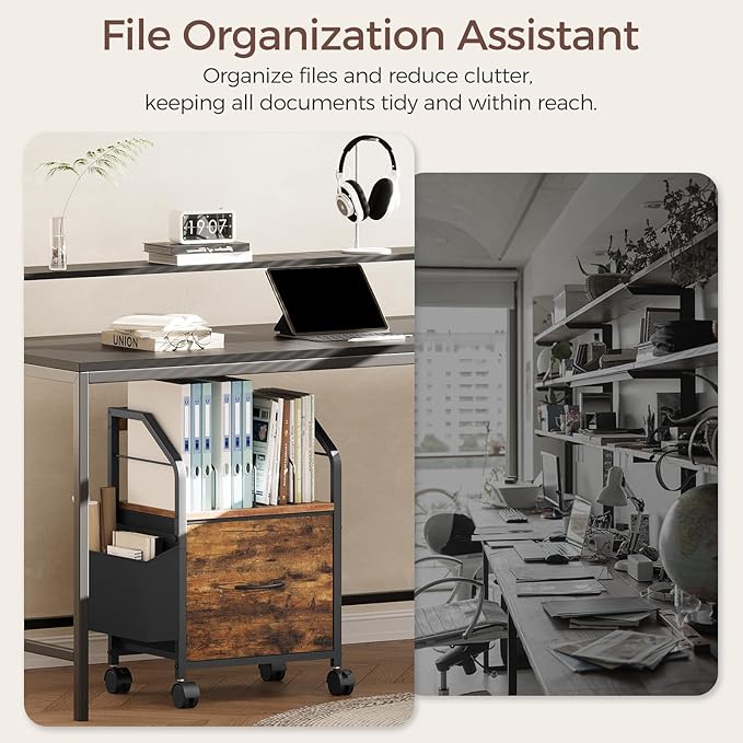 Small File Cabinet Rolling Filing Cabinet for Under Desk with Divider Single Non-Woven Fabric Drawer File Organizer for A4/Letter Size Documents Under Desk Storage Rustic Brown FCHR3001