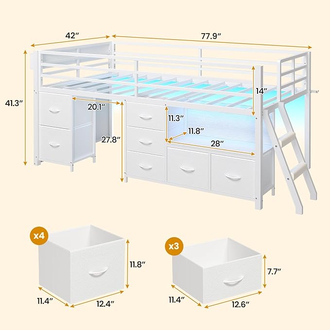 ADORNEVE Low Loft Bed Twin Size with 7 Storage Drawers Bookcase and LED Lights Metal Kids Loft Bed with 14 H Safety GuardrailInclined Ladder and Play Curtain Under-Bed Play Space White