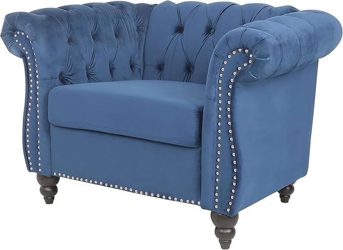 LEVNARY Velvet Chesterfield Chair Mid-Century Modern Single Sofa Chair with Button Tufted Backrest and Nailhead Decor Tufted Upholstered Rolled Armchair for Home Bedroom Reading Room (Blue)