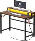Small Computer Desk with Charging Station and LED Lights Gaming Desk with Monitor Stand 2-Tier Home Office Desk with 4 Side Hooks for Living Room Home Office Rustic Brown DN01UDBRY2