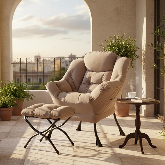 Tiita Lazy Chair with Ottoman Khaki Modern Large Accent Chair Comfy Leisure Sofa Armchair with Ottoman Reading Chair with Footrest for Bedroom Living Room Dorm Rooms Velvet Khaki