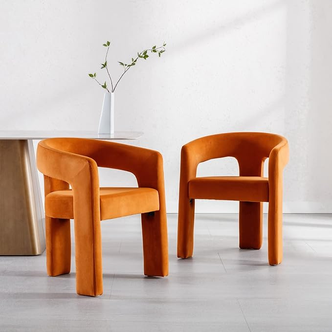 Wahson Orange Dining Chair Set of 4 Velvet Upholstered Modern Barrel Chair Round Dining Chairs with Wooden Legs Assembled Accent Armchairs for Dining Room/Living Room/Bedroom/Side