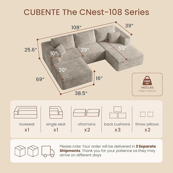Modular Sectional Sofa | 108 Cloud Couch with Cozy Textured CorduroyU-Shaped Boneless Couch Pit SofaHigh-Density Foam Convertible Floor Couch for Home1400lbs Support | Oat Beige | 2 Manageable Box