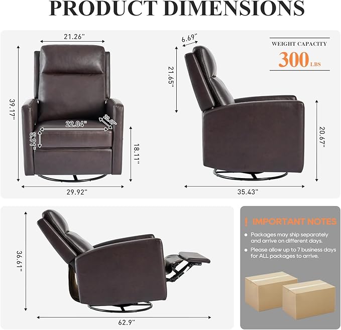 Leather Recliner Chair for Adults Swivel Rocker Recliner for Small Spaces Wide Glider Rocking Nursery Chair with Ergonomic High Backrest for Home Living Room Office Bedroom（Chocolate Brown）
