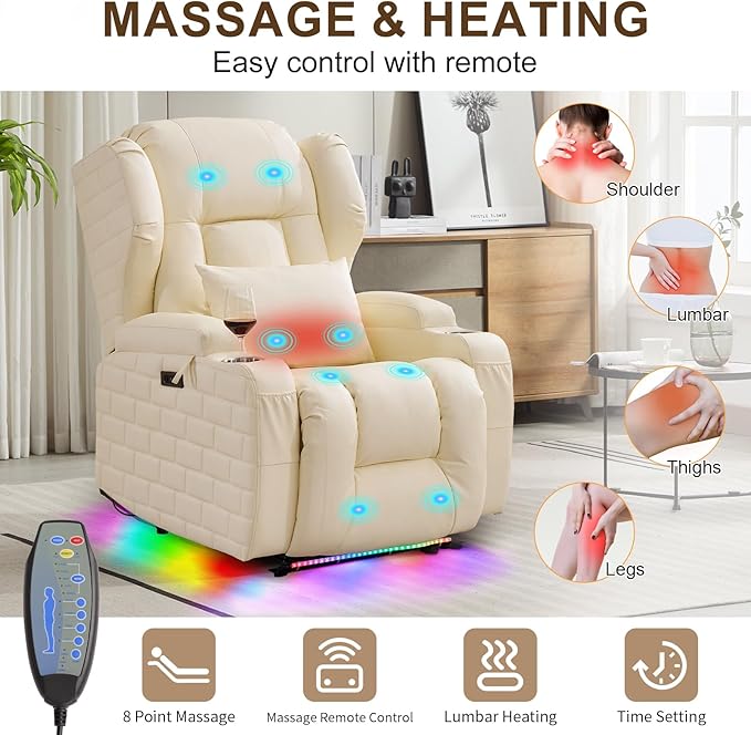 DRMBOOK Power Recliner Chair with 3-Sided Wrap Around LED Electric Wall Hugger Reclining Sofa with Massage &amp Heat Overstuffed Theater Seating with Cup Holders/USB Port (Upgraded Beige 1 Chair)
