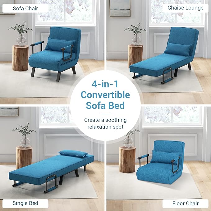 HOMGX 4-in-1 Convertible Sofa Chair Bed Leisure Recliner Sleeper w/ 6 Adjustable Position Backrest Lounge Seat Folding Sofa Bed w/High Elastic Sponge Ideal for Home Office (Blue)