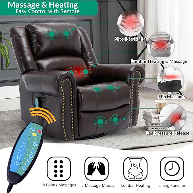 VIVIJASON Massage Swivel Rocker Recliner Chair with Heat &amp Vibration 360° Swivel Manual Glider Rocking Reclining Chair with Remote Control Side Pockets &amp USB Ports for Living Room Brown