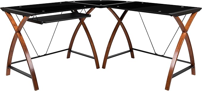 EMMA + OLIVER Black Glass L-Shape Corner Computer Desk with Pull-Out Keyboard Tray