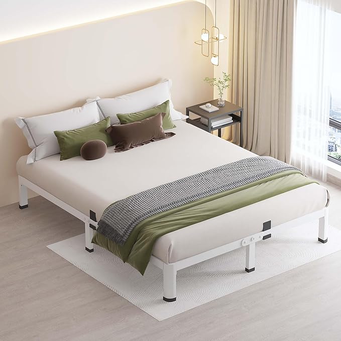 MAF 7 Inch King Metal Platform Bed Frame White with Round Corner Legs Mattress Slide Stopper 3000 LBS Heavy Duty Steel Slats Support Noise Free No Box Spring Needed Easy Assembly