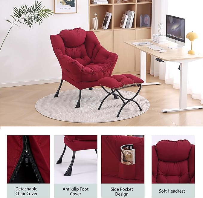 LITA Lazy Chair with Ottoman Modern Accent Leisure Upholstered Sofa Chairs Contemporary Lounge Reading Chairs with Armrests and a Side Pocket for Living Room Bedroom &amp Small Space Burgundy