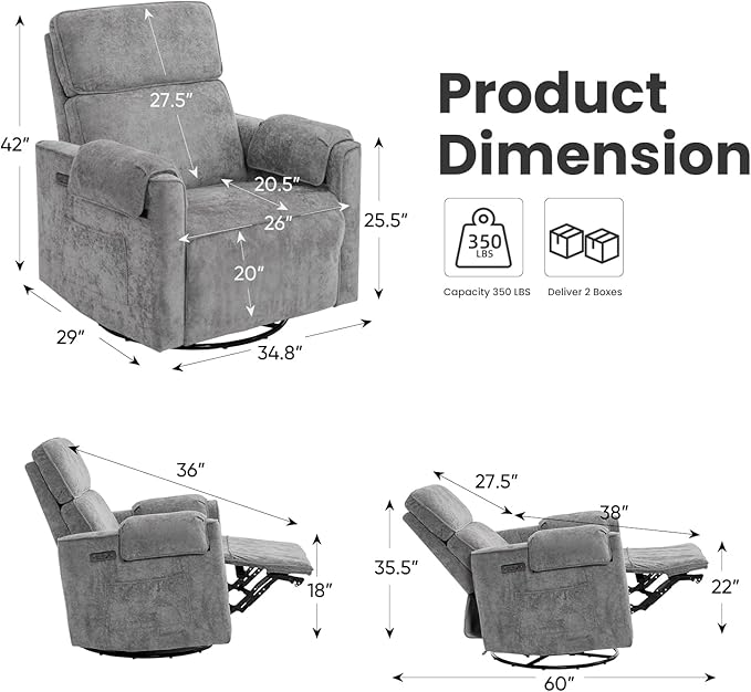 Oversized Power Recliner Chair with Adjustable Headrest Swivel Rocking Recliner Chair for Adults 26 Extra Wide Glider Nursery Chair with Overstuffed Armrest for Living Room USB Ports Grey