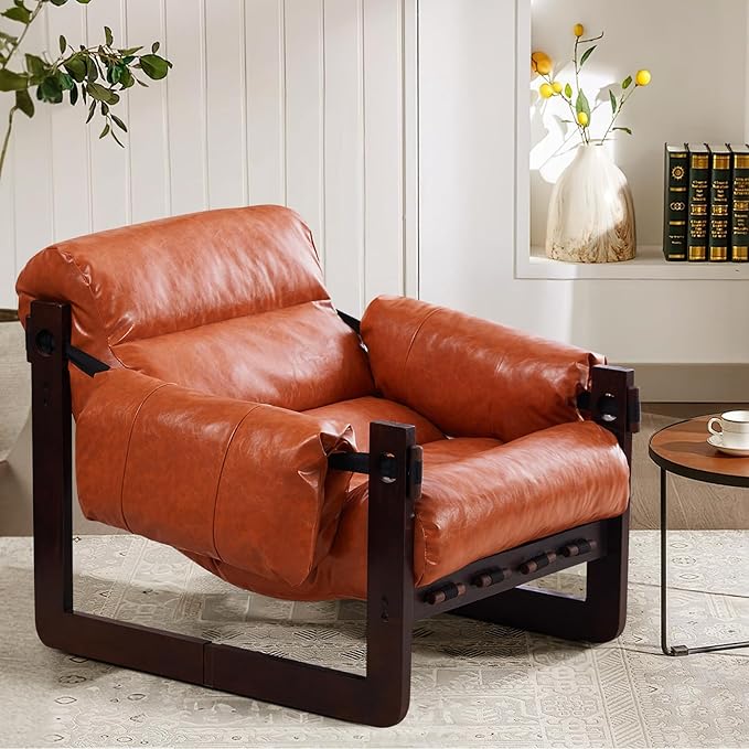 Furnilivng Modern Lounge Accent Chair Comfortable Oil Waxed Leather Arm Chair with Sturdy Wood Frame Upholstered Cozy Sofa Chair for Living Room Bedroom Dressing Room Home Office Retro Orange