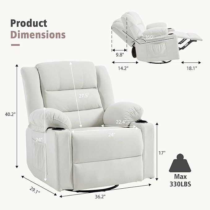 Swivel Rocking Recliner Chair with Massage and HeatOversized Rocker Recliner for Adults Upholstered Fabric Reclining Single Sofa Chair for Living RoomNursery (Beige New)