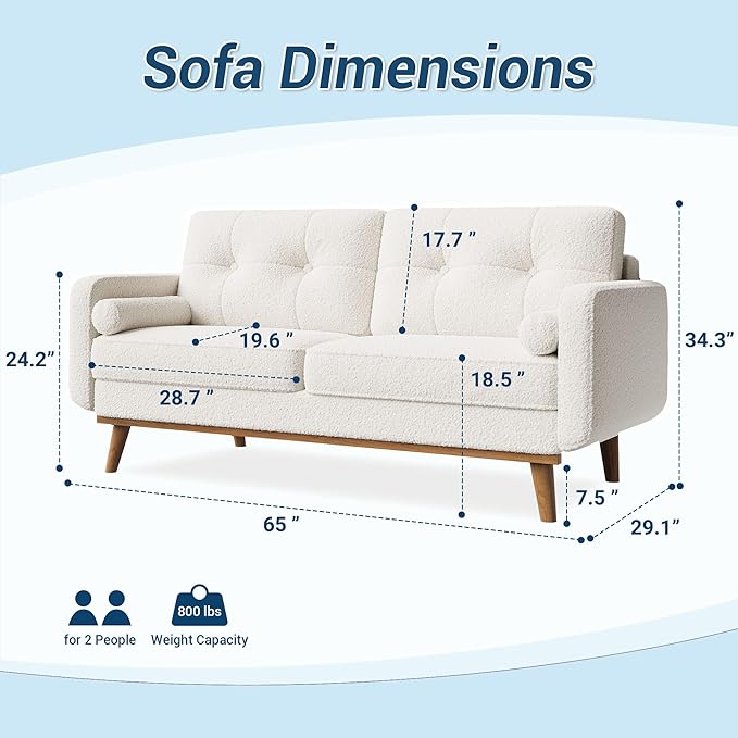65 in Loveseat Sofa Mid Century Modern Couch Comfy Love Seat Couches for Living Room 2 Seater Deep Seat Couch Teddy Fleece Boucle Upholstered Couches for Bedroom Office Small Space Beige