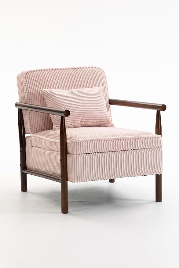 Yoglad Accent Chair with Storage Corduroy Fabric Reading Chair with Wood Frame Mid Century Modern Storage Armchair for Living Room Bedroom Apartment(Light Pink)