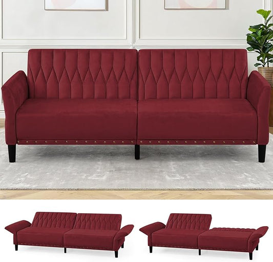 77” Velvet Sofa Bed with Adjustable Armrests and BackrestsTufted Convertible Futon Couch with Nailhead Trim Loveseat Modern Velvet Sleeper Sofa for Living RoomBedroomOffice Red
