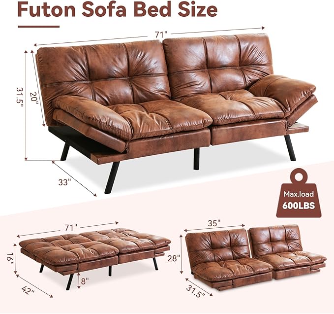 Convertible Futon Sofa BedFaux Leather Futon CouchMemory Foam Futons BedSmall Splitback Modern Loveseat Sleeper Sofa for Living RoomOfficeApartmentBrown