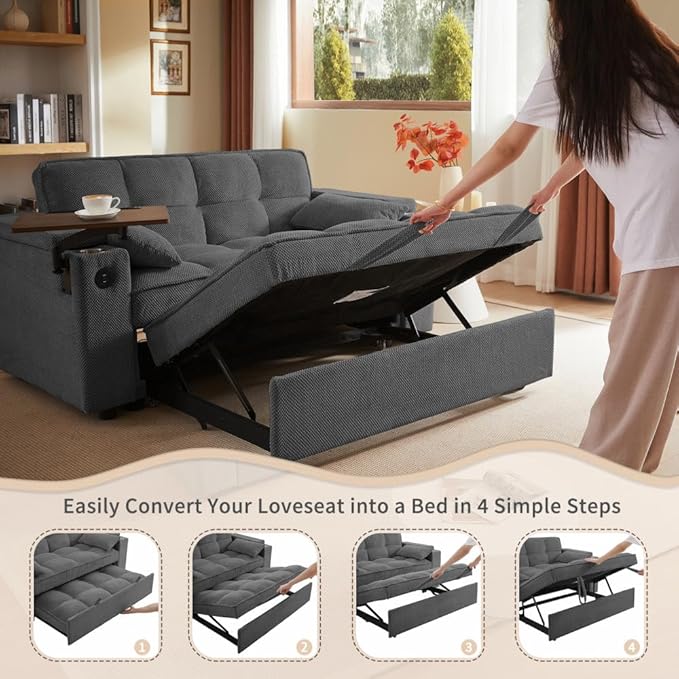 65'' Convertible Sleeper Sofa Bed with Adjustable Backrest Chaise Lounge Side Table &amp USB/Type-C Ports – Stylish &amp Functional Addition to Any Living Room (Dark Grey Sofa Bed)