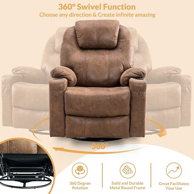 Swivel Rocker Recliner Chair - Manual Glider Rocking Recliner Ergonomic Chair with Heated Massage 4 Pockets/Cup Holders/USB Ports/Remote Control Brown