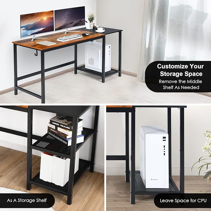 COSTWAY 59” Computer Desk with 2 Removable Storage Shelves Industrial Writing Workstation with Headphone Hook for Home Office Gaming Desk (Rustic Brown)