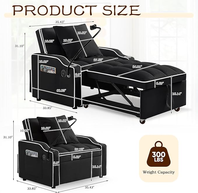 KINFFICT Sleeper Sofa Chair Bed Convertible 3-in-1 Sofa Armchair Adjustable Sleeper Chairs with Pullout Bed Single Lounger Futon with Side Pockets for Living Room (Black)