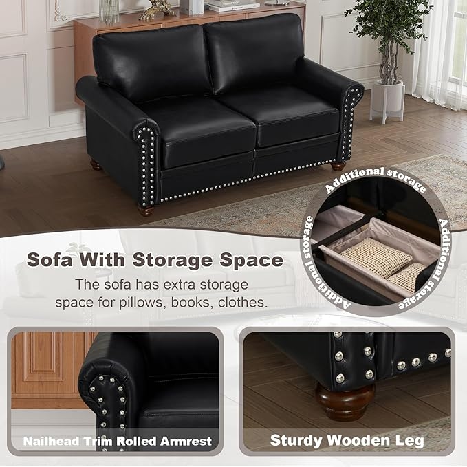 3 Piece Faux Leather Sofa SetMid Century Modern Couch and Loveseat Sets with StorageComfy Deep Seat Sofa with Nailhead Trim &amp Rolled Arm for Living RoomOffice(Armchair+Loveseat+3 SeaterBlack)