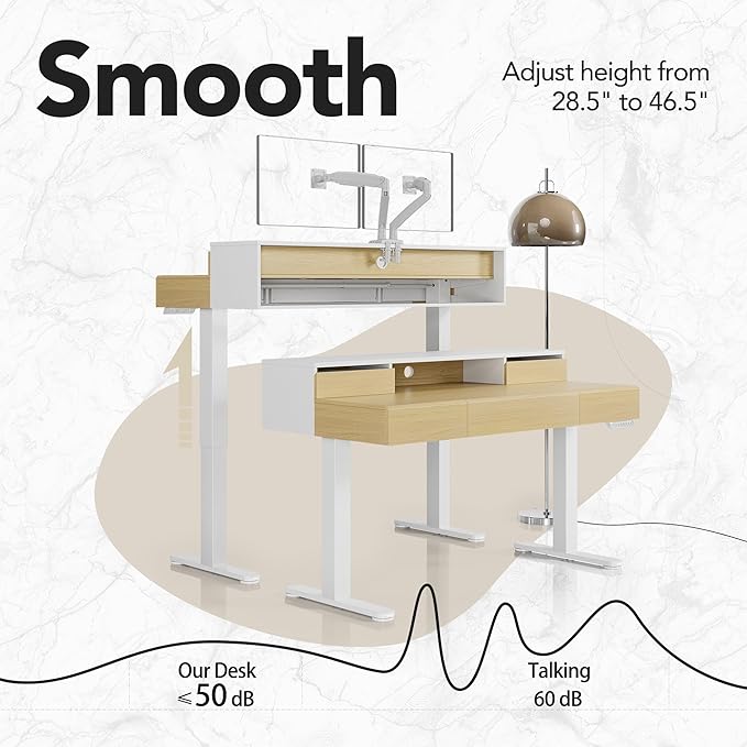 HUANUO Standing Desk with Drawers 48 Inches Electric Height Adjustable Desk with Storage Whole-Piece Board Sit Stand Up Desk with Monitor Shelf Light Walnut