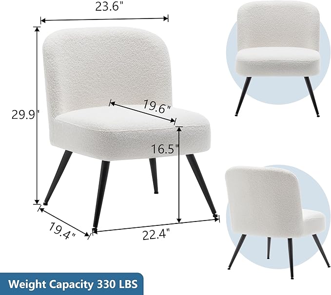 Aklaus Sherpa Boucle Accent Chairs Set of 2 for Living Room Bedroom.Upholstered Reading Chair Teddy White Modern Armless Chair with Larger Seat Comfy Side Chairs for Office Waiting Room