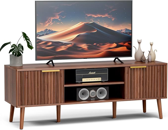 TV Stand for Living Room Mid Century Modern Entertainment Center for 55/60 inch TVs TV Console with Fluted Door Cabinets and Open Shelves for Bedroom Walnut