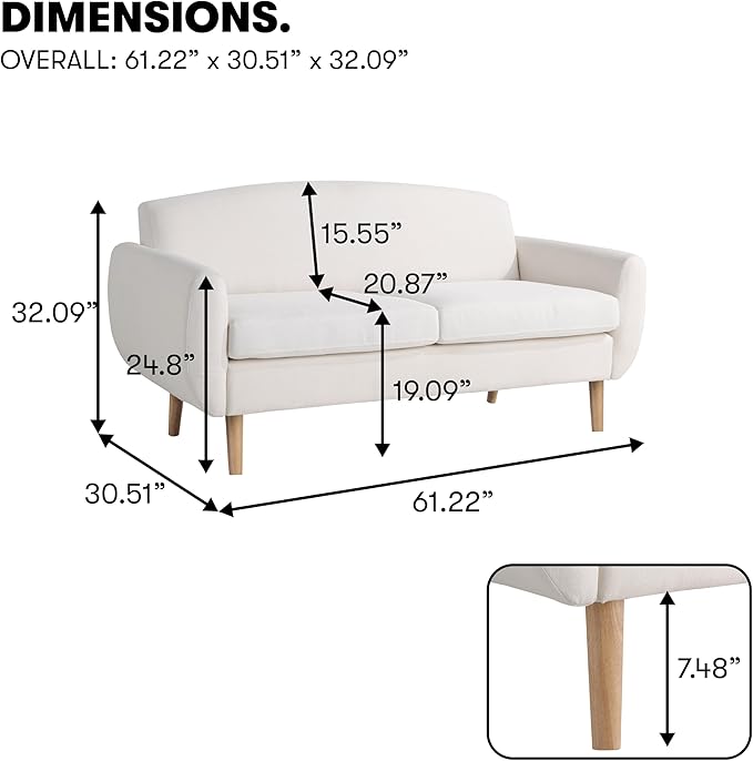 Serta Gatewood 61.2 Modern Boho Sofa Curved Arms and Back Cushion Dream Coil Comfort Solid Wood Legs Easy Assembly Woven Polyester Fabric Cream