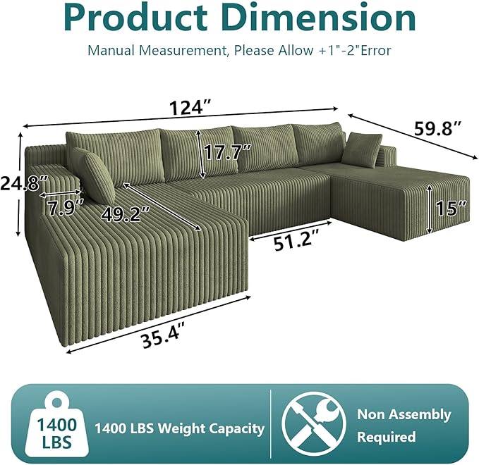 124 U-Shape Cloud Couch Modern Modular Sectional U-Shape Sofa Corduroy Boneless Couch Upholstered Couches Deep Seat Sleeper Chaise Longue for Living Room No Assembly RequiredGreen