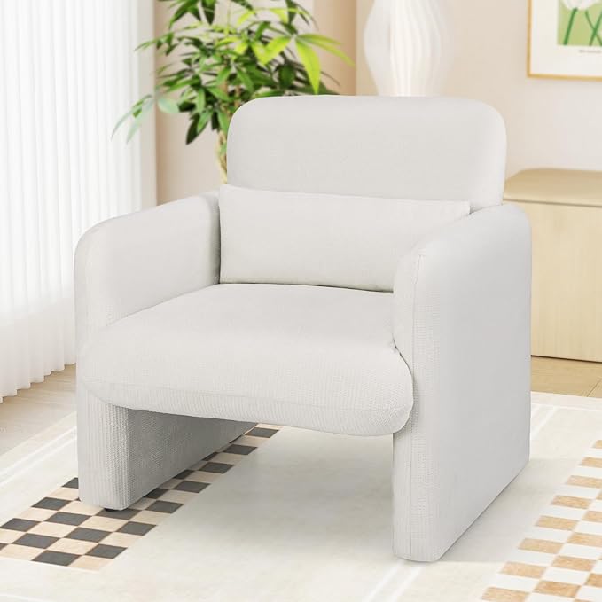 KOMFOTT Chenille Accent Chair Set of 2 Modern Upholstered Armchair with Removable Lumbar Pillow Widened Backrest &amp Thick Seat Cushion Comfy Single Sofa Chair for Living Room Bedroom White