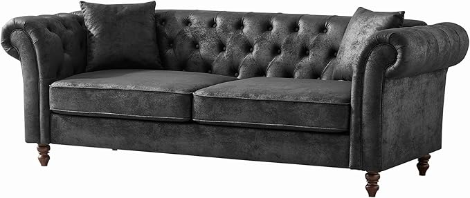 TTK Chesterfield Faux Leather Fabric Sofa Set 2-Seater Loveseat + 3-Seater Couch Combo Upholstered Tufted Rolled Arm Mid Century Modern Sofa Set for Living Room Office Apartment Black